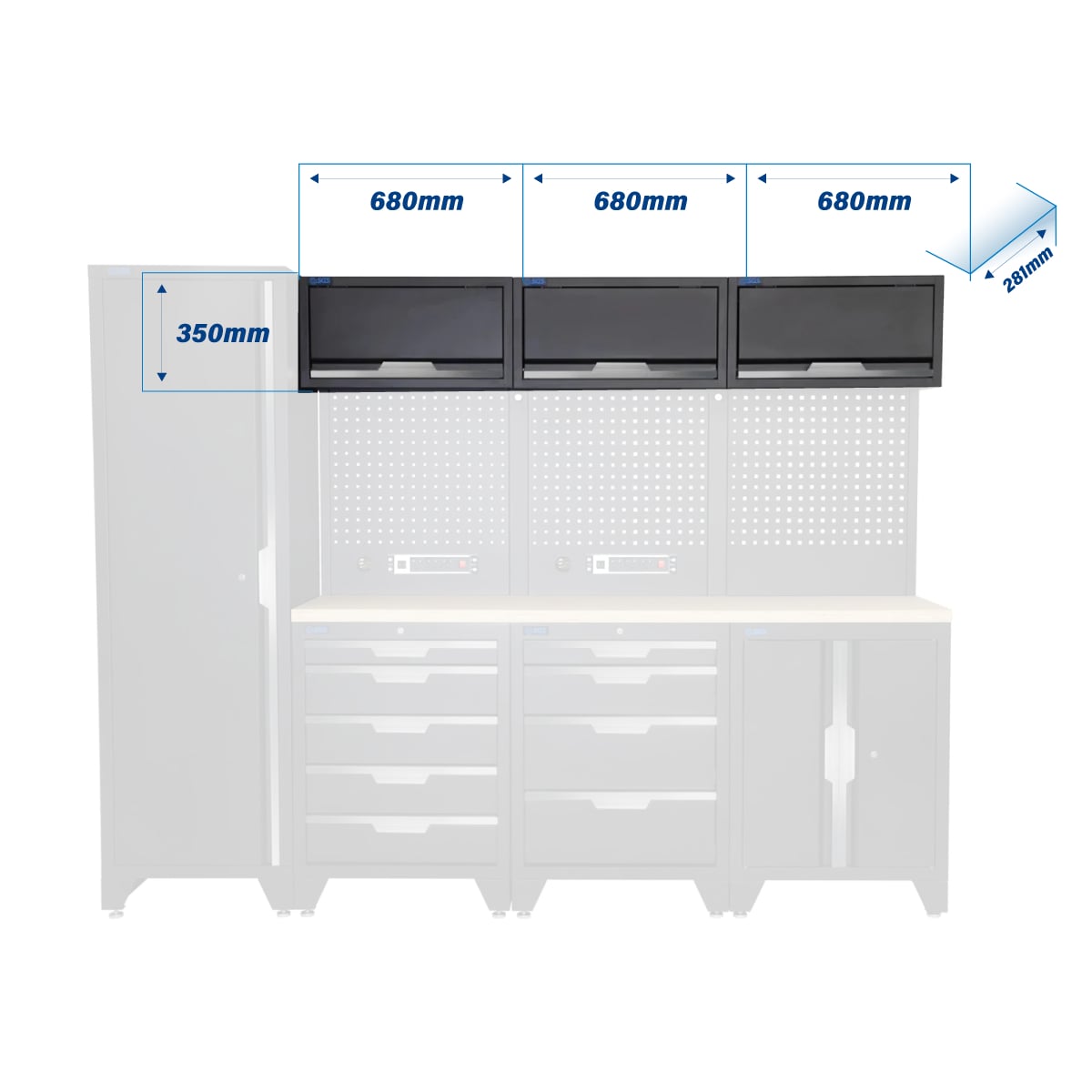 SGS 10pc Modular Garage Storage | 9 Drawers | Plywood Worktop | Tall Single Cabinet | Floor Cabinet | 3x Upper Cabinets | 2x Pegboards with Power Strip